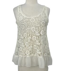 Hem & Thread Blouse Womens Medium Cream Top Crochet Sleeveless Round Neck